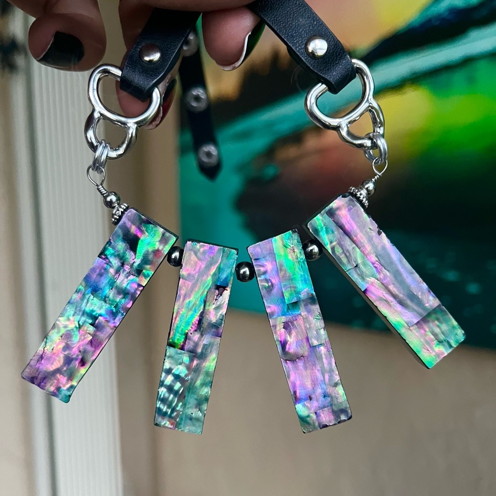 Iridescent pink green blue abalone choker leather stones boho silver necklace